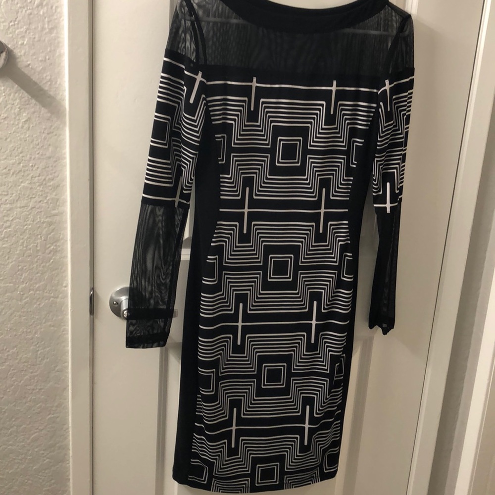 JOSEPH RIBKOFF BLCK & WHITE DRESS W/ MESH ACCENTS